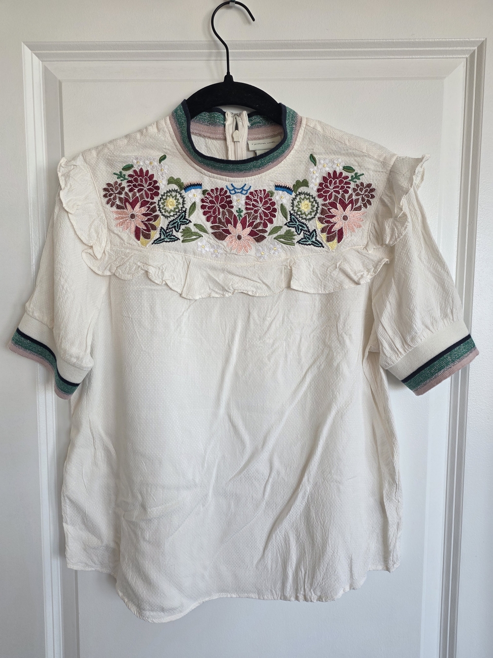 Anthropologie Cream Short-Sleeve Knit Top with Floral Embroidery and Green Trim